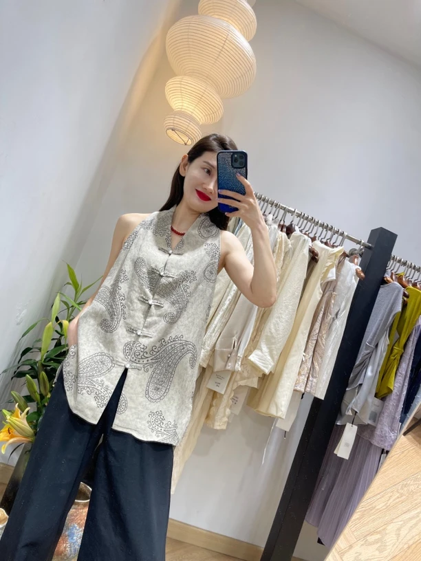 夏季新中式印花盘扣V领无袖女背心气质显瘦上衣