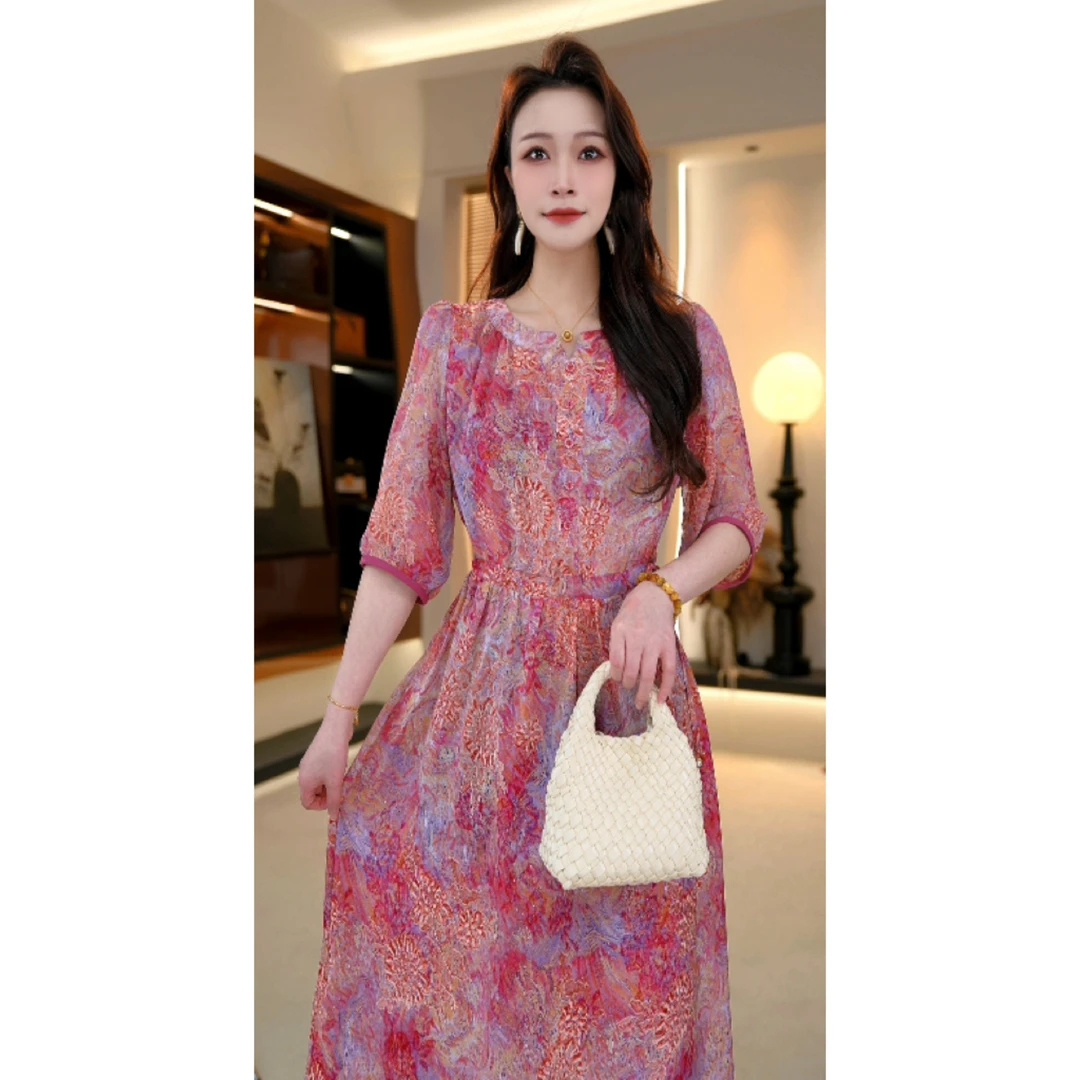 嫣影逸裳连衣裙高贵显瘦新款夏季中年妈妈装法式中长款-娜娜