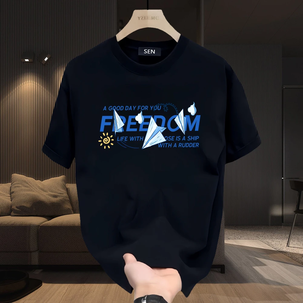 2025新款潮牌男士纯棉白T恤圆领上衣印花时尚宽松短袖打底衫夏季