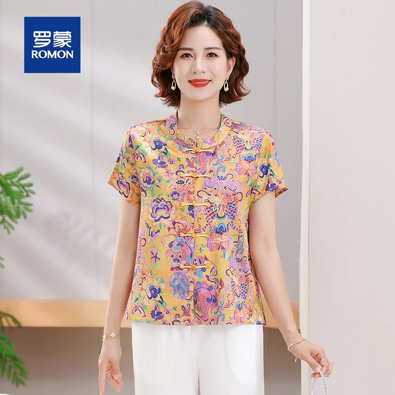 罗蒙新款奶奶装夏季新中式盘扣印花衫套装中老年女装碎花冰丝衬衫