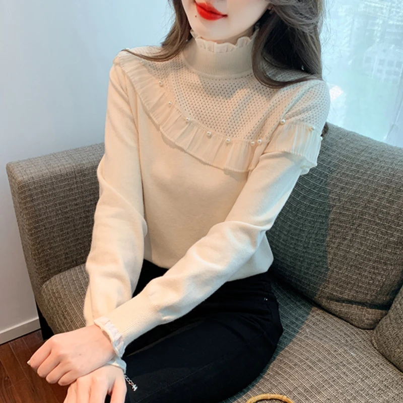 2025秋冬新款洋气半高领荷叶边针织上衣女内搭钉珠时髦减龄打底衫