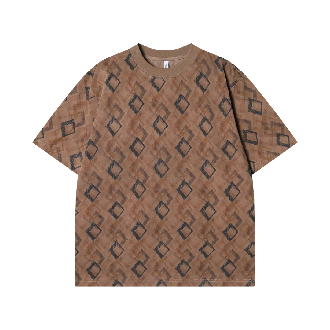 夏季高级感新款美式撞色菱形圆领短袖T恤复古宽松男士套头上衣