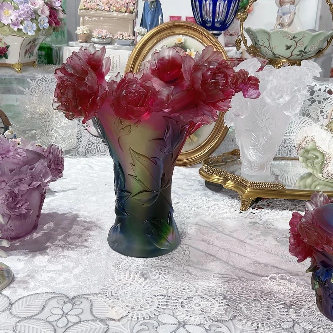 陶瓷脱蜡水晶牡丹花七彩色花瓶大号