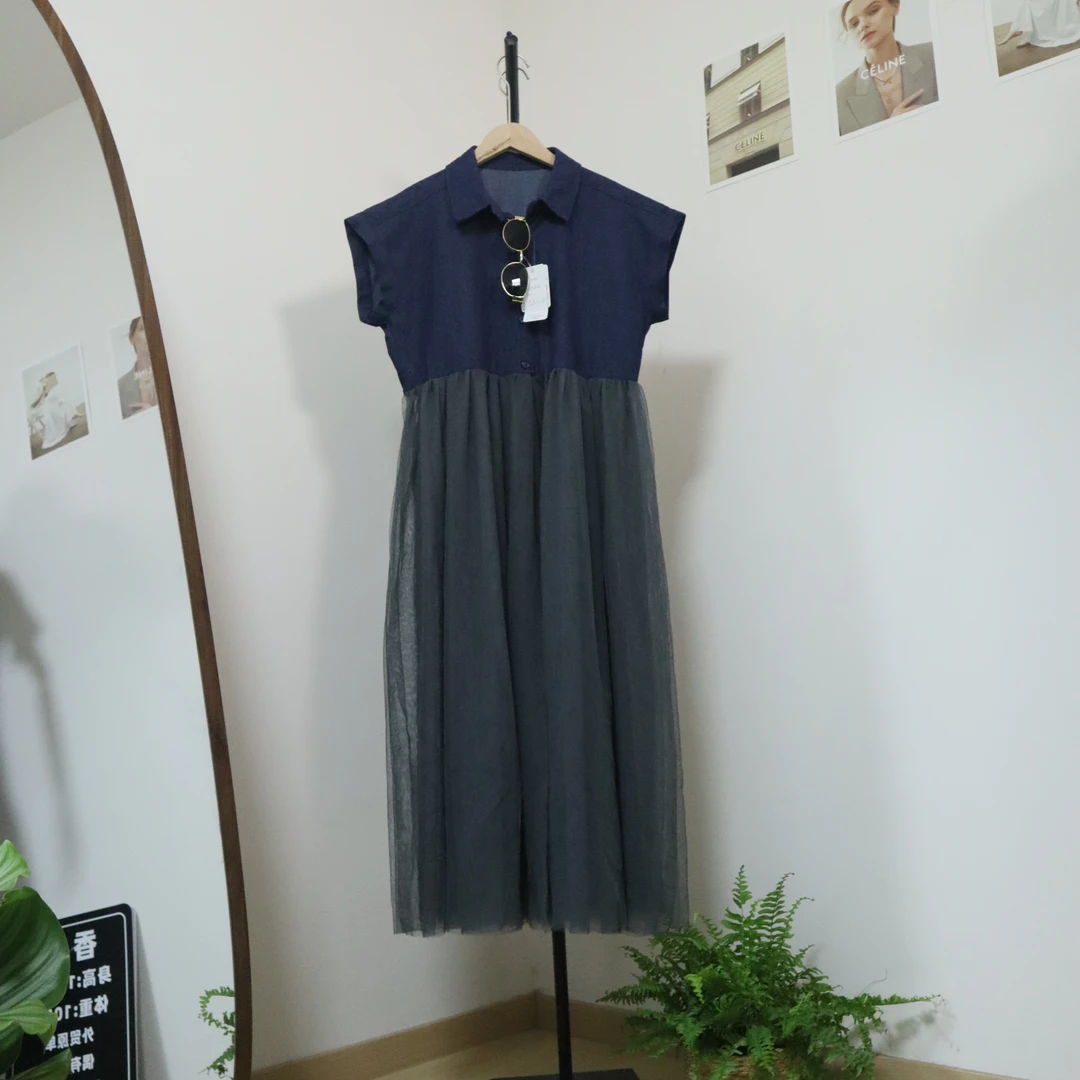 DOB｜日制牛仔衬衫拼接网纱连衣裙时尚休闲