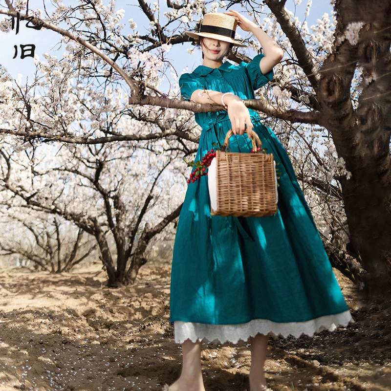 【现货】3086忆旧2025年苎麻连衣裙女新款娃娃领灯笼短袖大摆型长裙