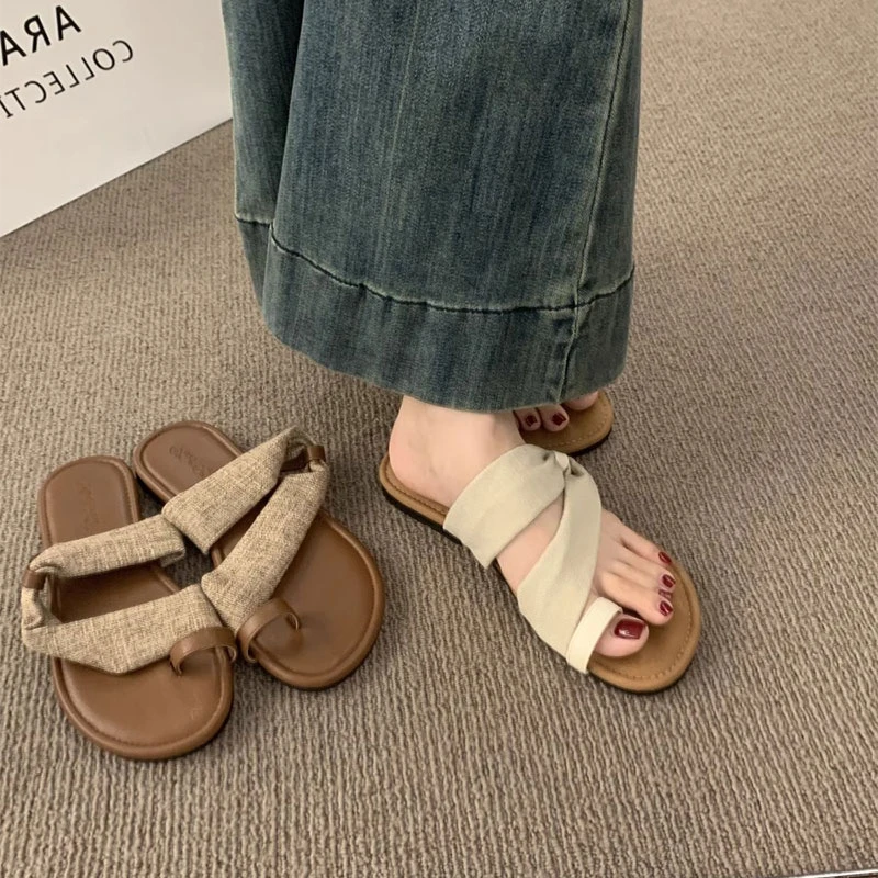 两穿法亚麻一字带套趾凉鞋女夏季度假风休闲沙滩罗马鞋子外穿拖鞋