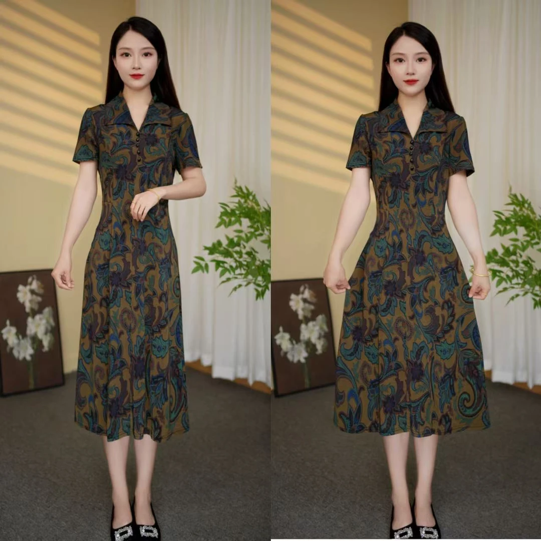 【吉遇优选】1369+78#新品夏季斜纹丝气质翻领短袖洋气连衣裙