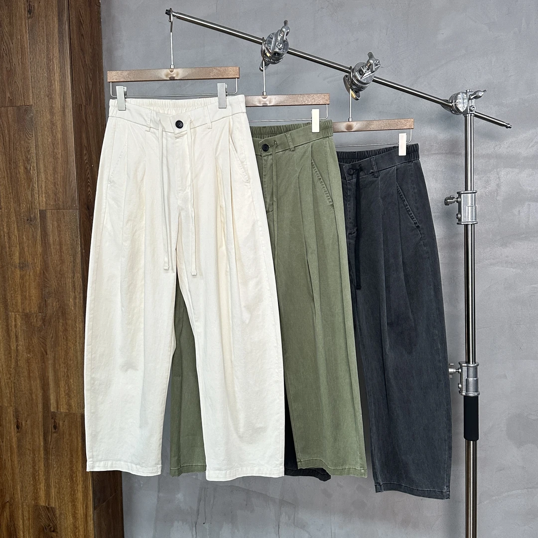 （楠悦）2025早春新款休闲裤松紧腰头男士弯刀裤复古宽松水洗棉长裤