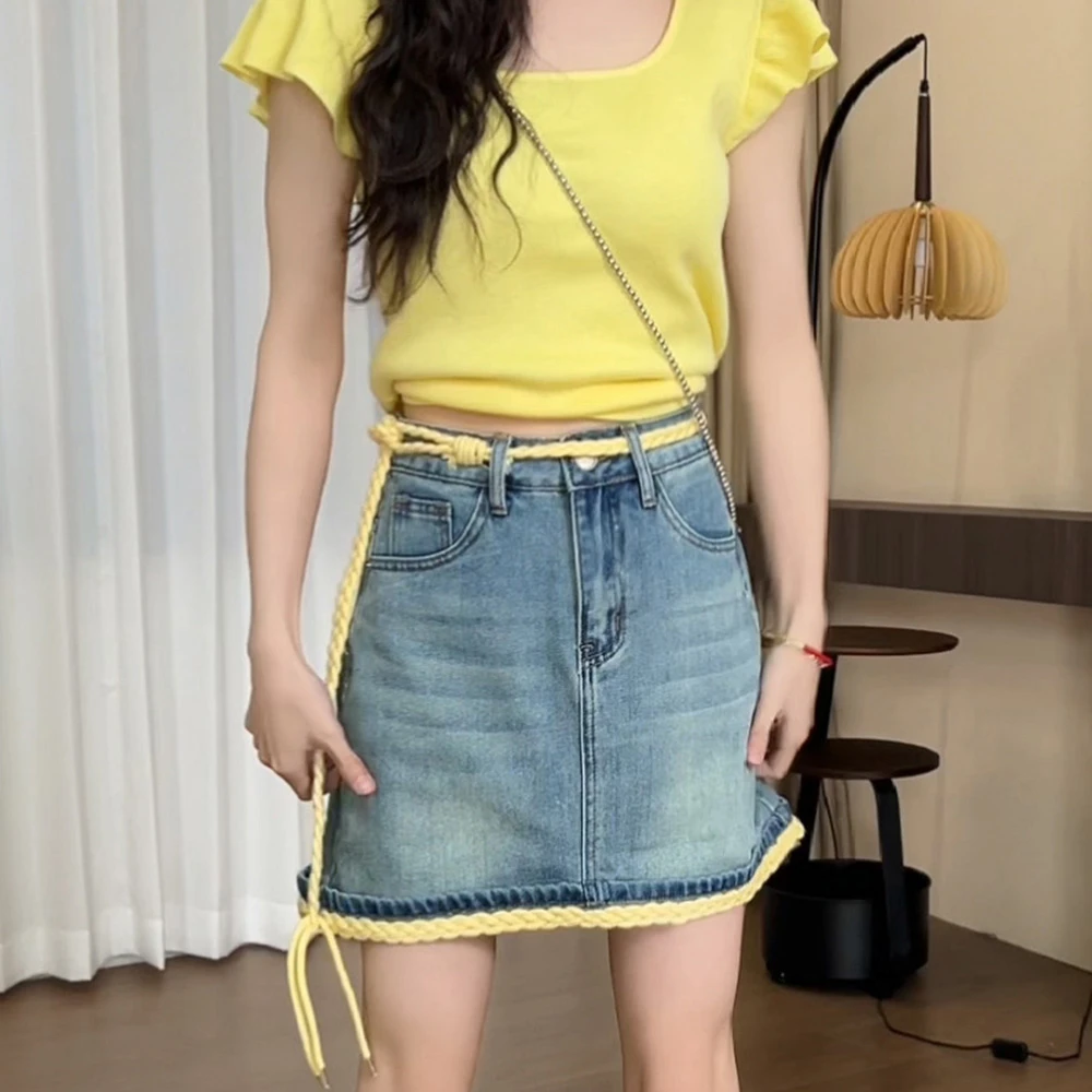 0613麻花腰带设计感牛仔短裙2025夏季新款高腰减龄防走光百搭裙子