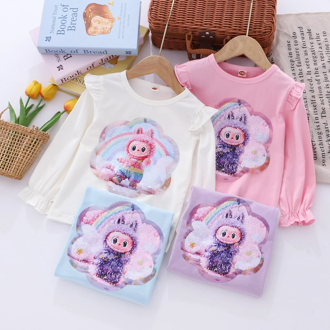 女童新款变色亮片纯棉长袖打底衫儿童秋季T恤女宝宝变脸图案飞袖T