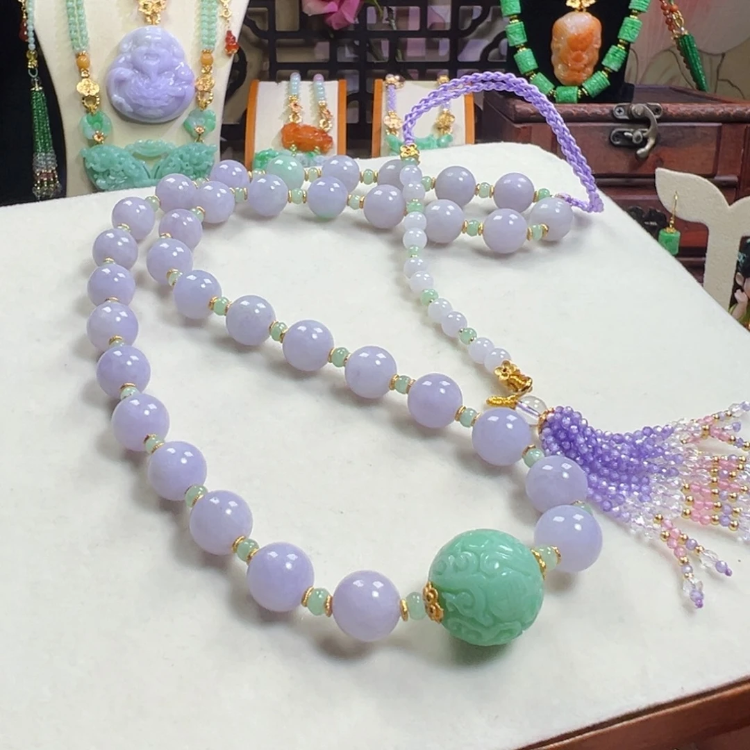 翡翠未镶嵌毛衣链冰紫项链