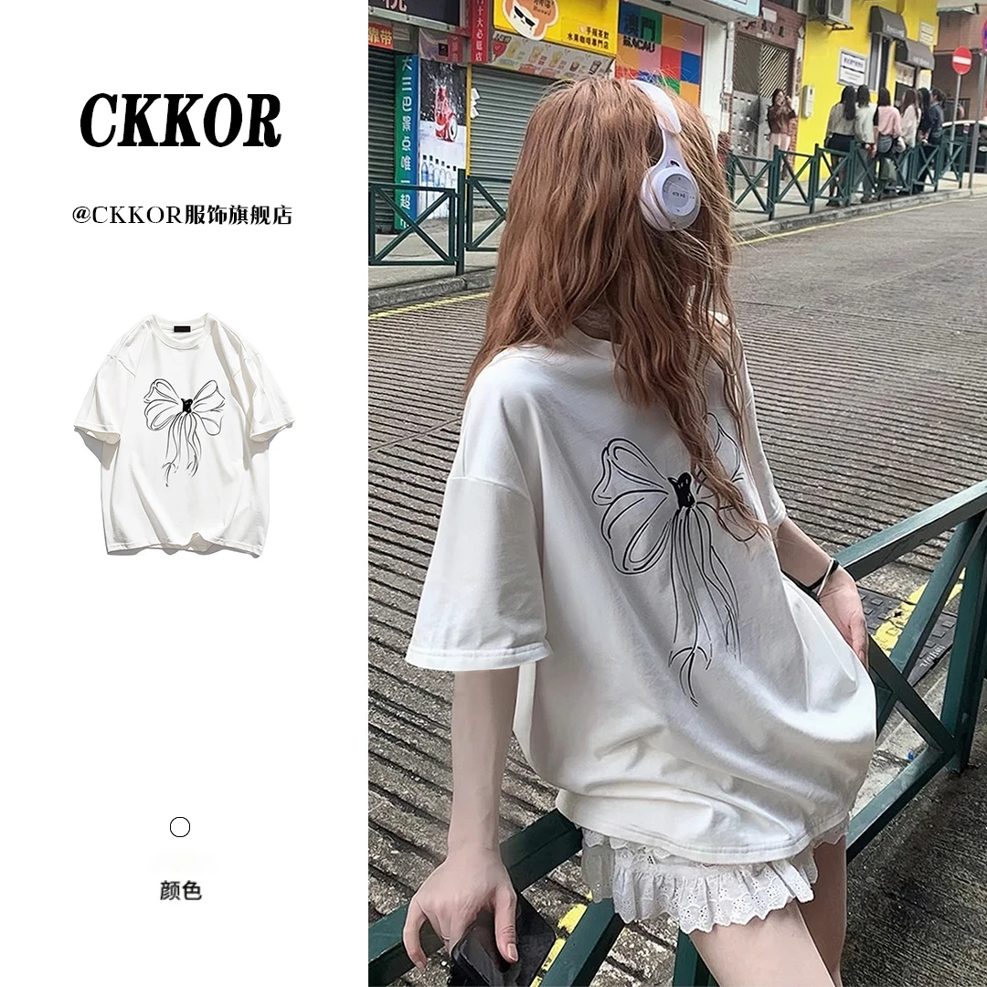 CKKOR夏季穿搭纯棉短袖t恤女甜美少女风蝴蝶结印花休闲百搭上衣服