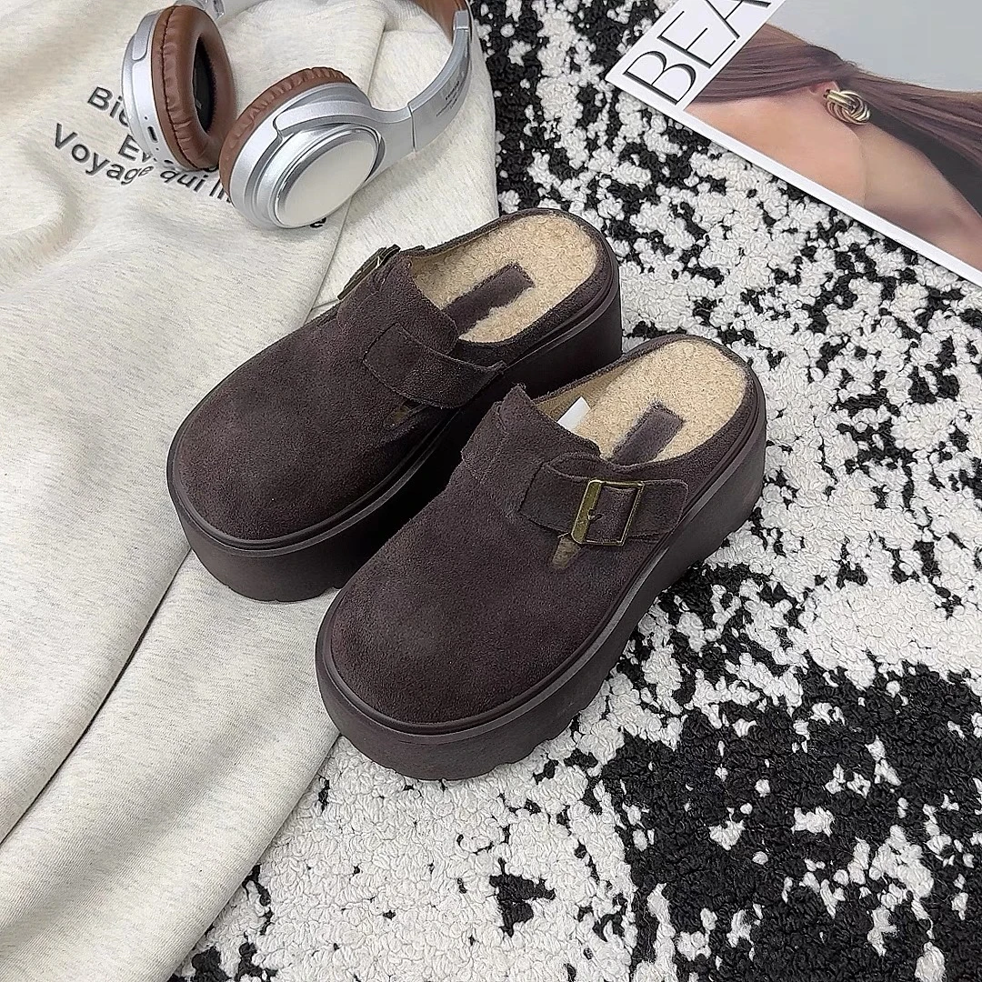 991-185皮带装饰包头拖厚底加绒秋冬舒适韩版棉拖鞋毛绒网红平底