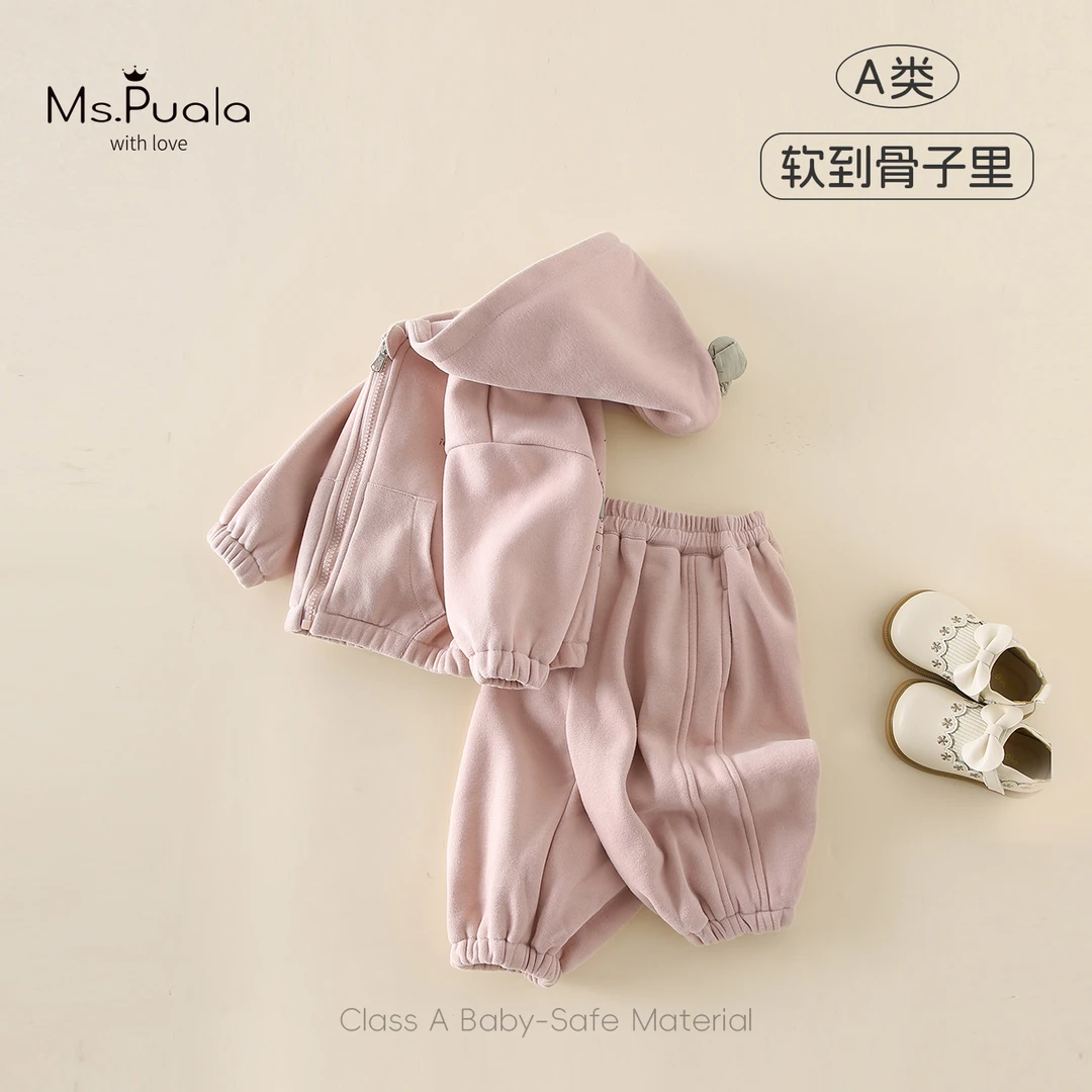 【Ms.Puala苹果乐园】童装婴幼儿套装冬款女童萌趣连帽拉链外套加绒
