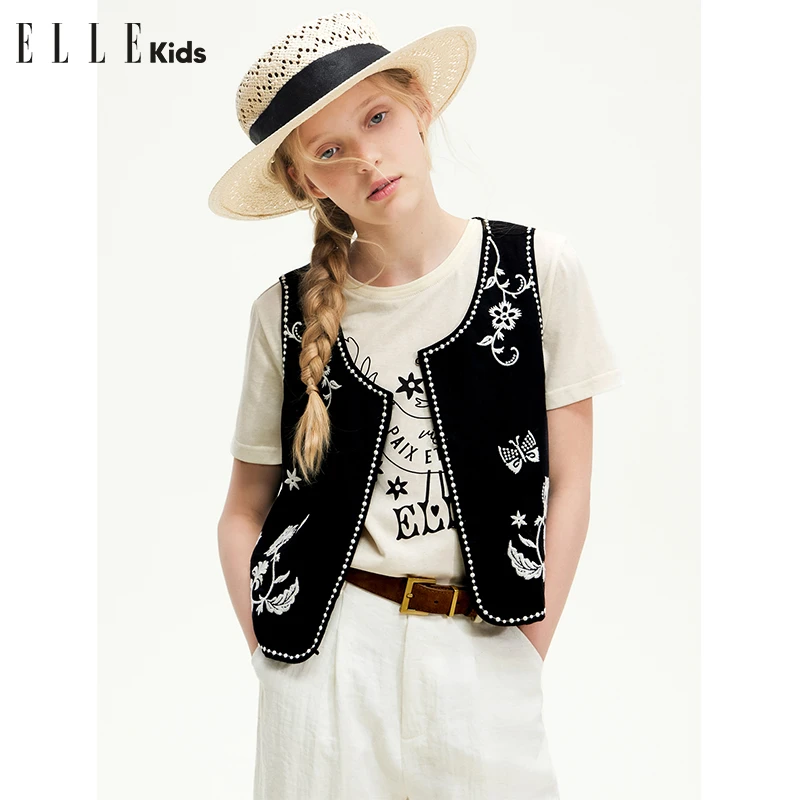 ELLE KIDS 仿手绣亚麻莱赛尔马甲女童夏季新款撞色复古风上衣A2