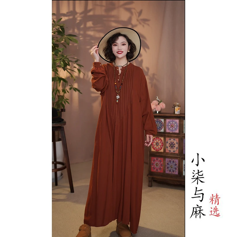 【小柒与麻】新款复古风风情褶皱亚麻裙袍（衣长115胸围130）南瓜橘