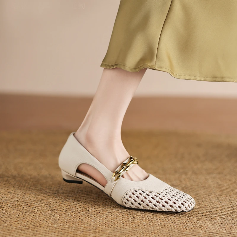 【艾菲】2025夏季新款平跟包头凉鞋女网面镂空透气复古一脚蹬单鞋女