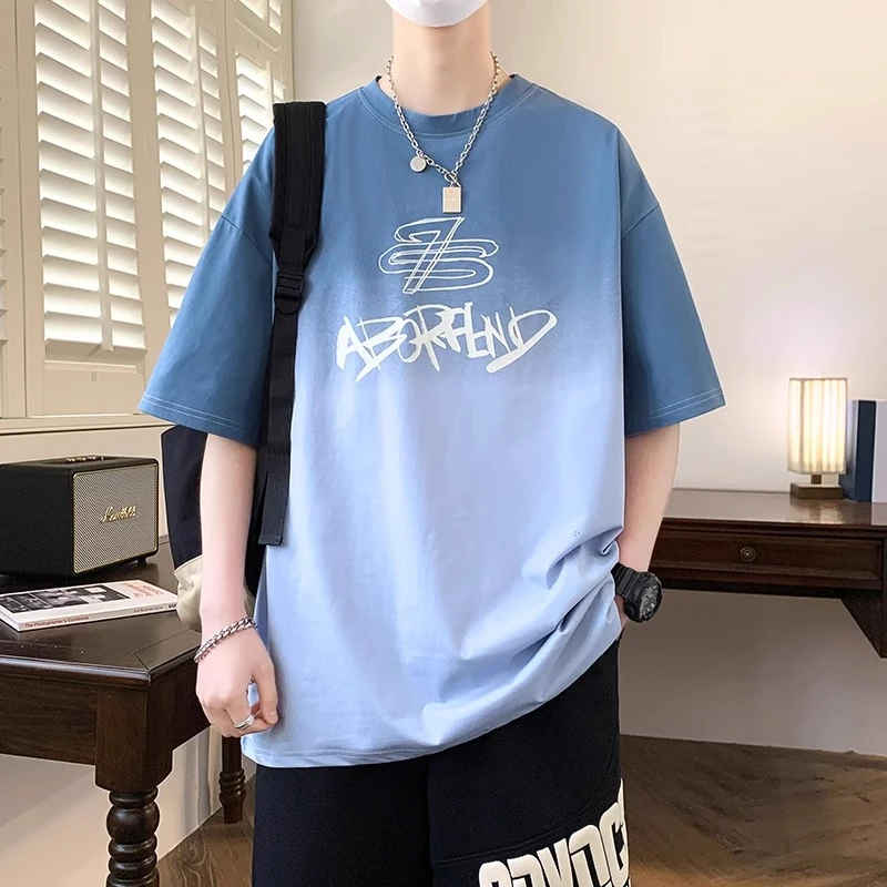 夏季渐变短袖t恤男孩初高中学生宽松运动套装青少年大童夏装体恤