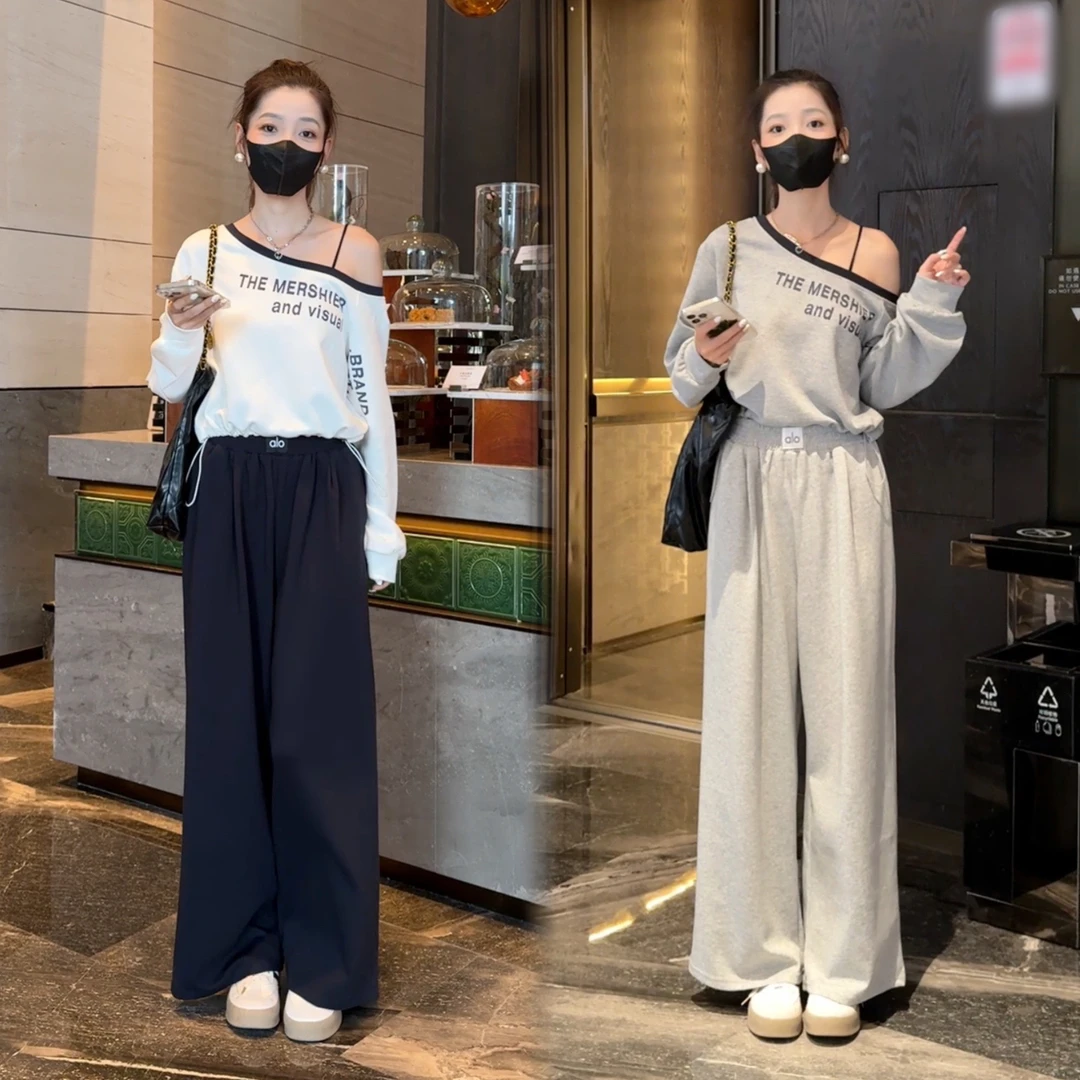 早秋字母印花显瘦露肩卫衣+时尚高腰休闲裤女宽松阔腿拖地裤套装