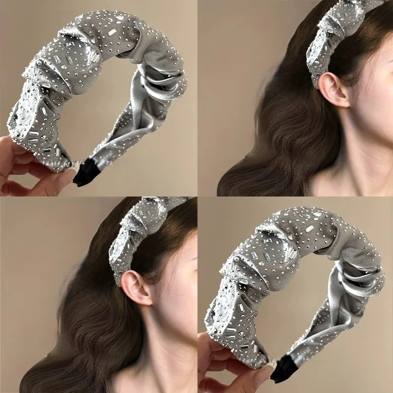 韩国新款满天星水钻布艺发箍百搭褶皱缎面高颅顶氛围感发圈Z0280