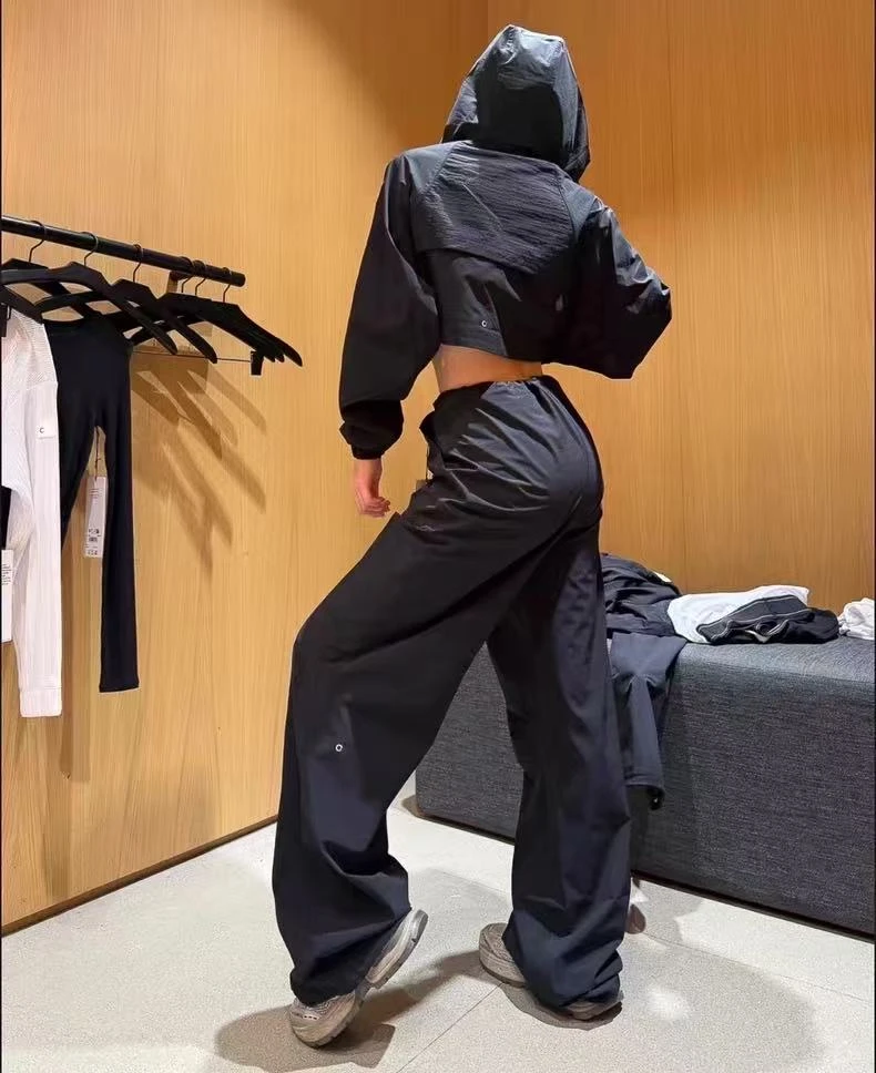 1纯色抽绳松紧腰口袋工装休闲直筒阔腿裤降落伞兵裤速干夏季长裤