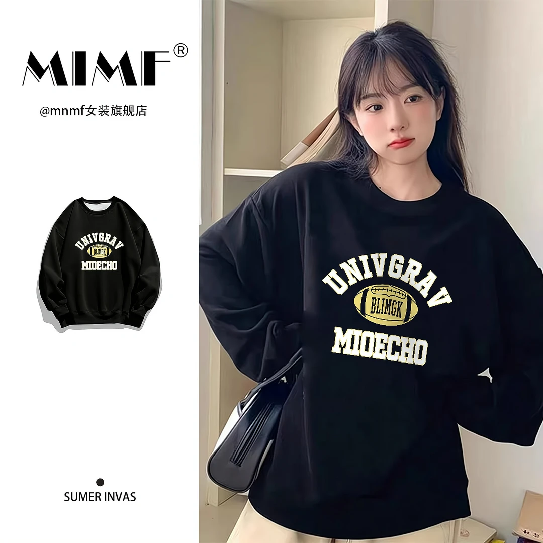 mnmf秋冬季字母印花圆领长袖卫衣女款时尚休闲装宽松显瘦加绒上衣