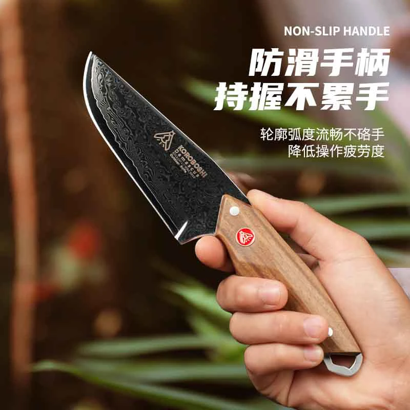 萤火虫AUS-10大马士革户外野营小刀切水果切肉小刀绿檀木柄