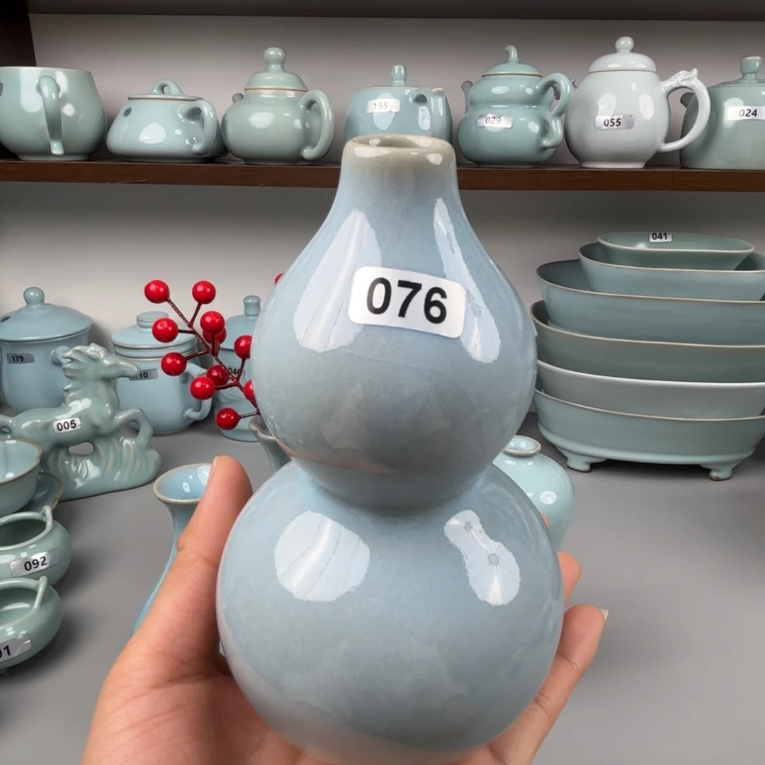 陶摆件汝瓷葫芦瓶圈足烧天青釉微瑕孤品特价076