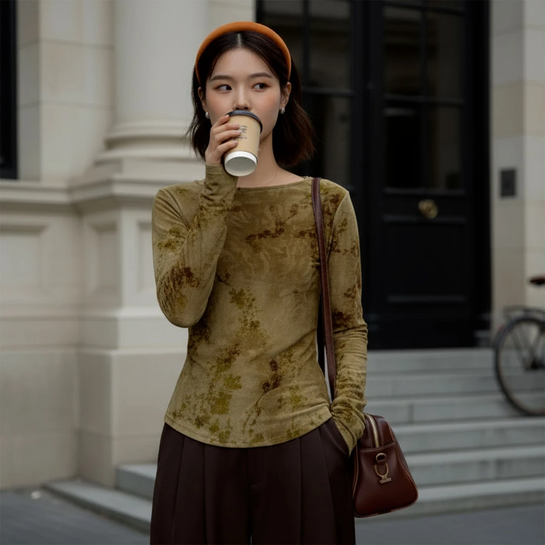 初秋时尚气质百搭长袖打底衫植绒提花烧花长袖上衣SHBZXP641454