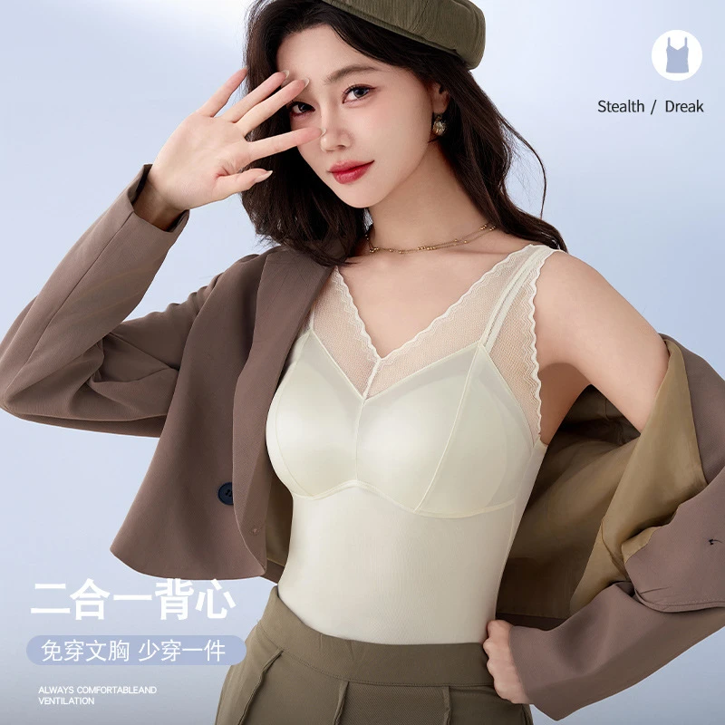 新款夏季夏缎面美背女吊带背心带胸垫无痕固定一体防走光胸罩内衣