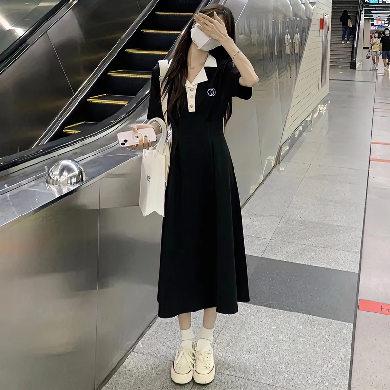 微胖MM大码polo领连衣裙夏季新款A字收腰显瘦学院风裙子女1173