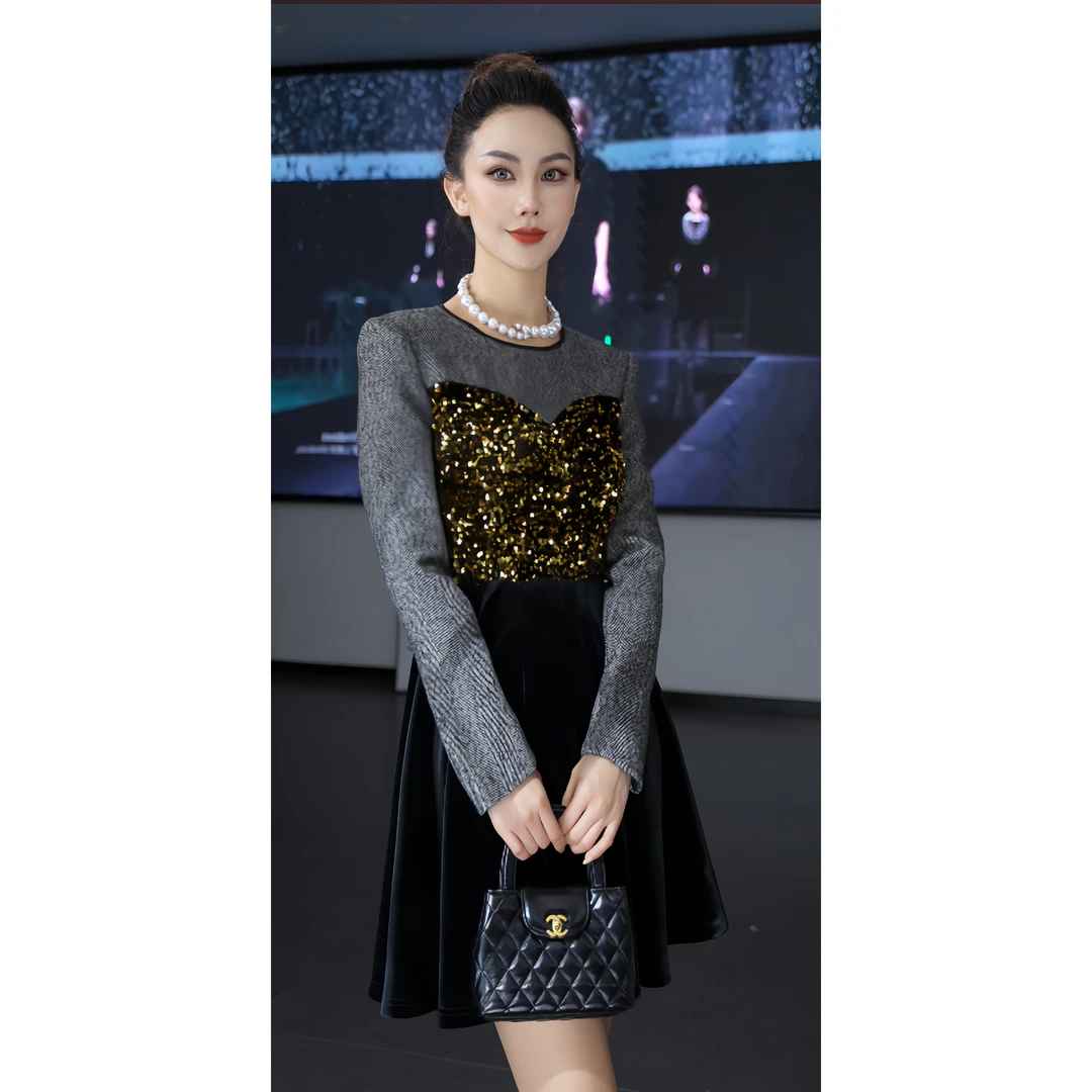 轻奢黑色设计师秋冬显瘦时尚长款修身名媛优雅拼接连衣裙65288