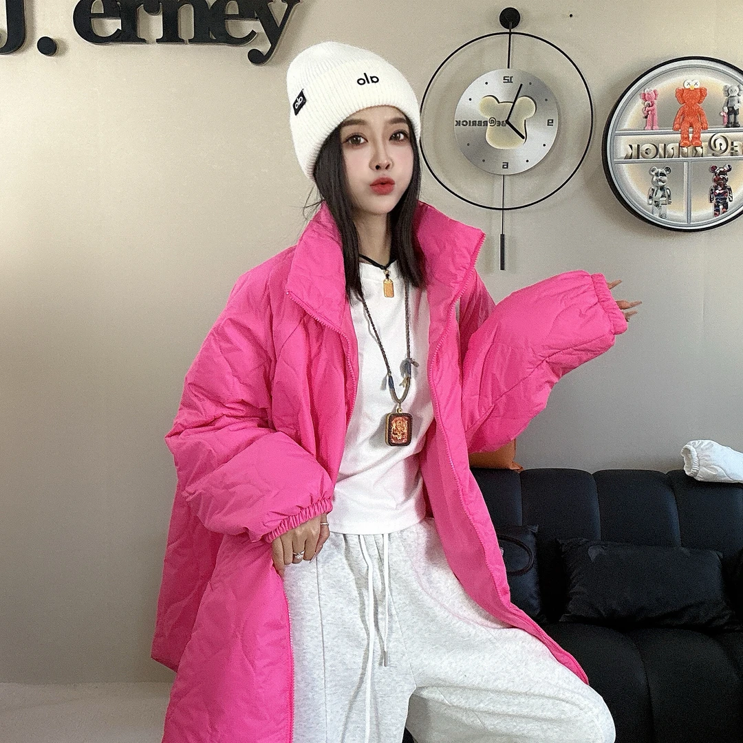 欧货韩版糖果色棉服秋冬新款时尚压格拉链立领宽松中长款外套女潮