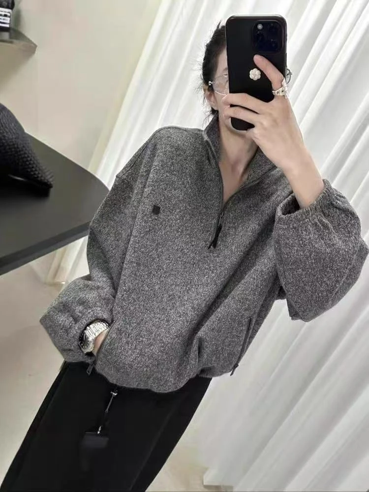 6936立领半拉链卫衣外套女秋2025年新款加厚百搭慵懒风上衣