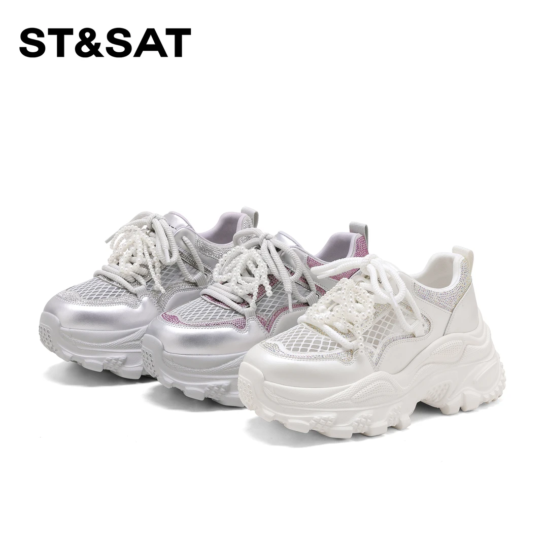St&Sat/星期六休闲鞋女夏季新款珍珠系带出游网面厚底百搭老爹鞋