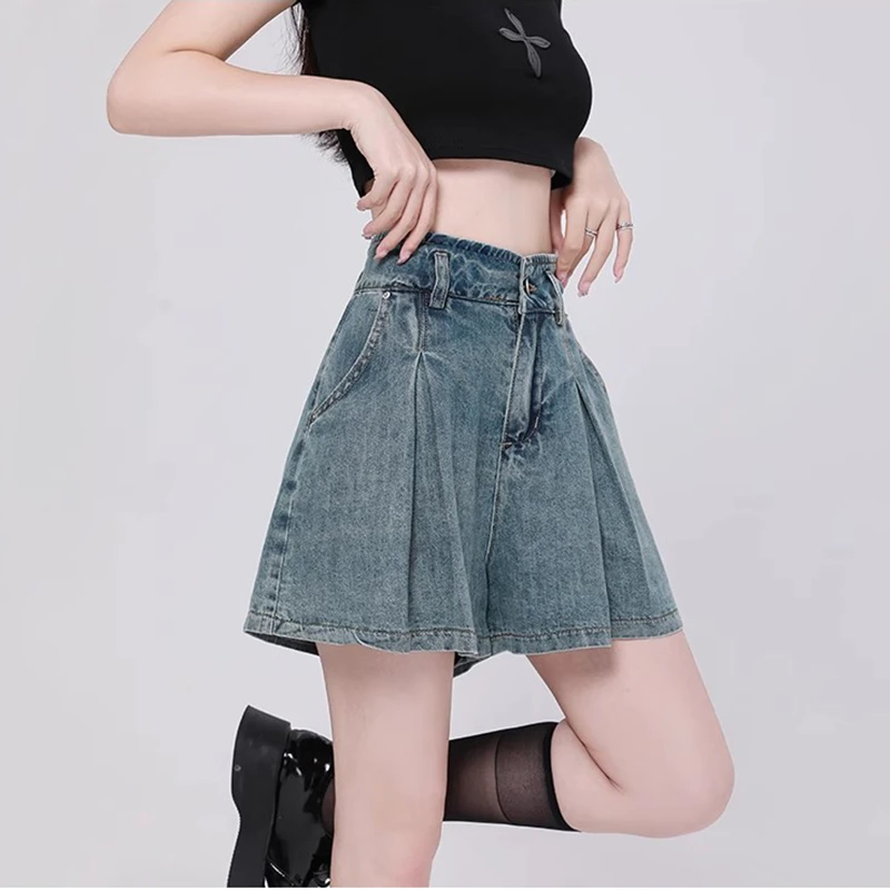 美式复古高腰牛仔短裤女夏季薄小个子辣妹a字显瘦不显胯宽伞裤裙