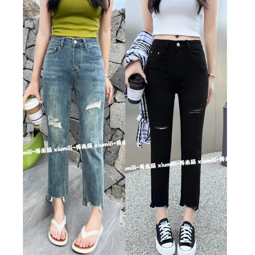 秀米丽 破洞直筒牛仔裤夏季超薄高腰弹力显瘦毛边九分烟管裤1157
