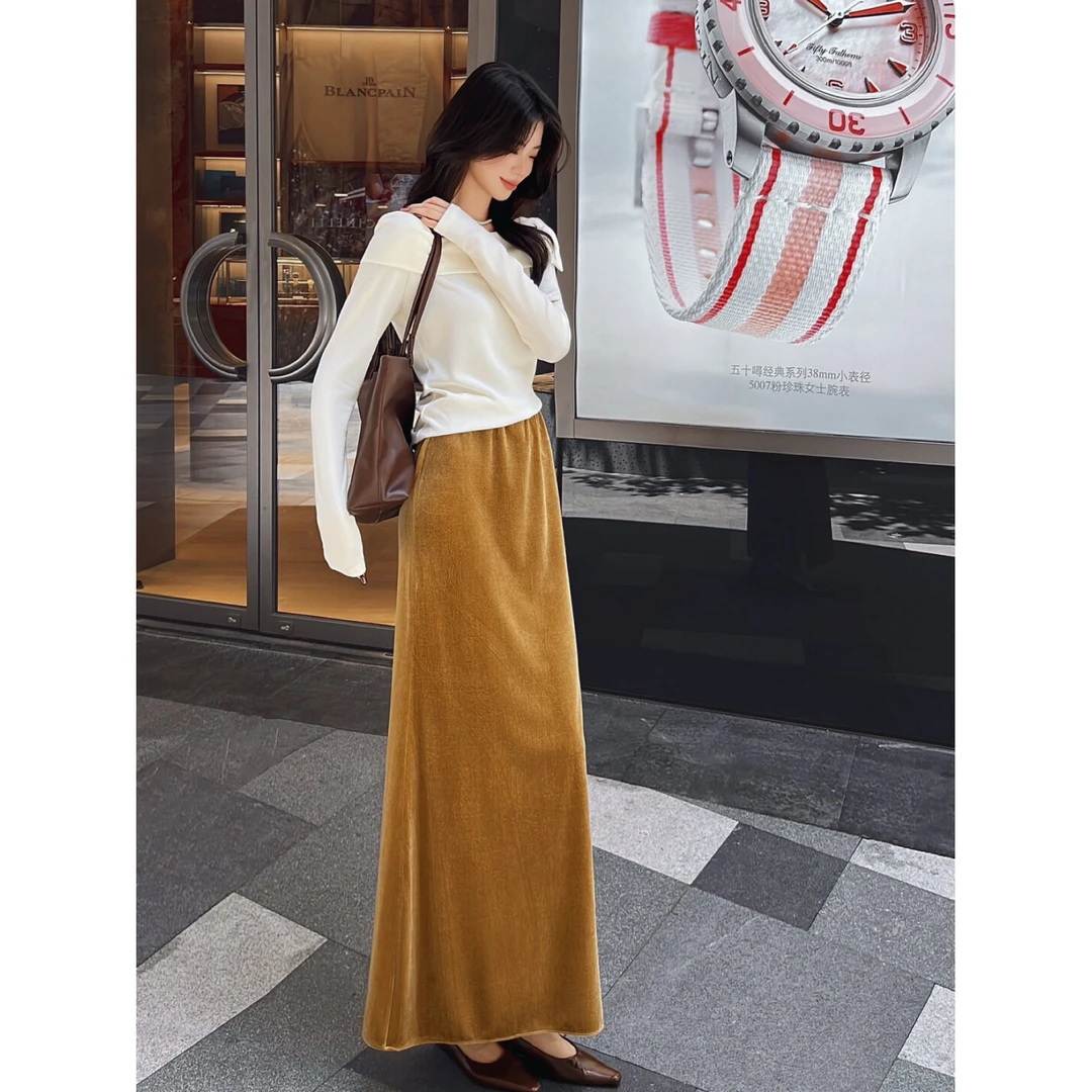 秋季新 龟裂纹丝绒开衩半裙 复古时尚龟裂纹秋冬显瘦百搭半裙 ·