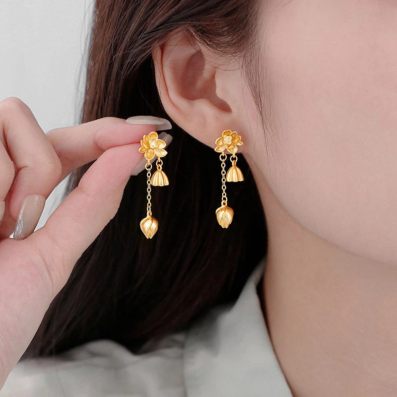 铜合金耳饰 新款气质荷花莲蓬流苏耳环优雅大方精致高级0316