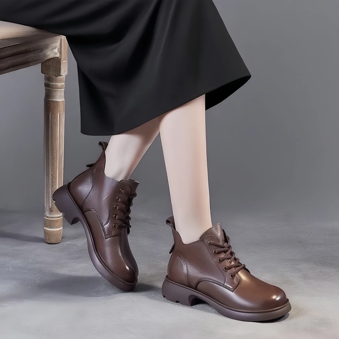 2025新款真皮厚底短靴女中跟英伦风软底皮鞋洋气爆款高档牛皮女靴