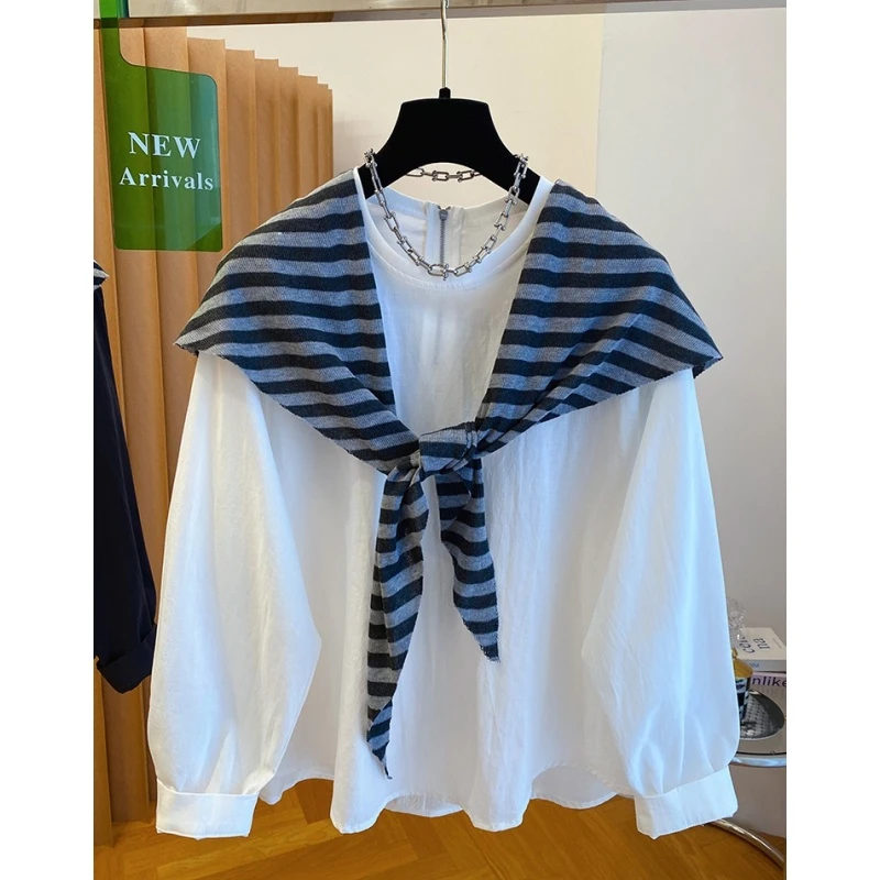 白色长袖t恤披肩两件套上衣女2025新款秋宽松休闲漂亮打底衫上衣