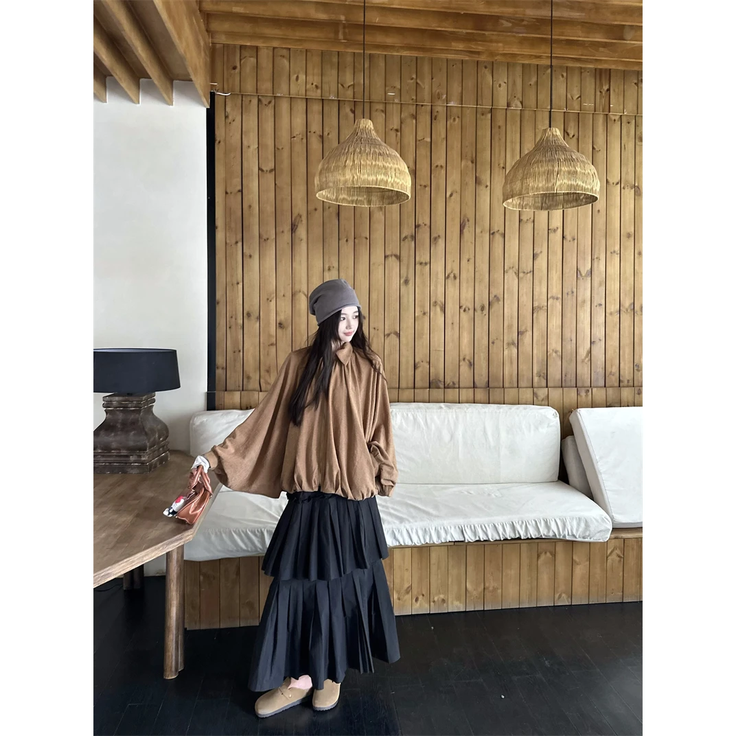 美拉德复古翻领长袖外套女秋季蝙蝠袖宽松开衫高级感气质拉链上衣