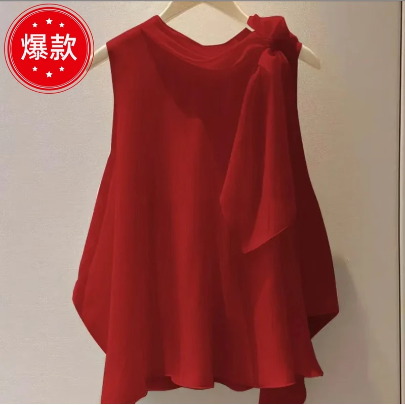 独特漂亮洋气高端别致小衫法式小上衣红色无袖衬衫2025新款女夏季