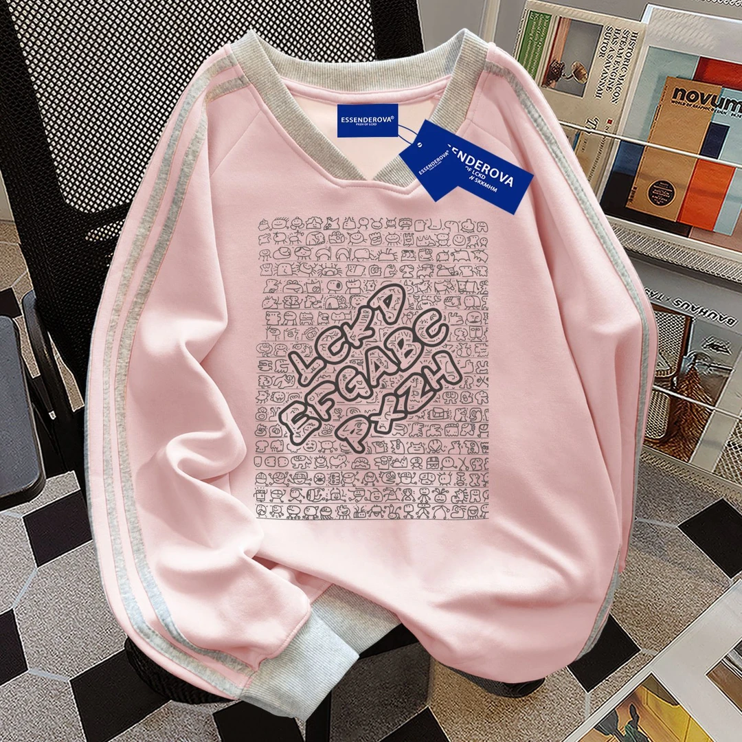 韩版小众个性设计拼接V领卫衣女秋冬季休闲显瘦加绒加厚上衣ins服