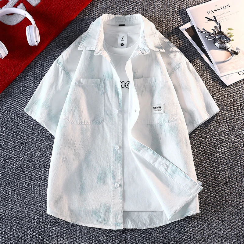 纯棉夏季新款韩系男生穿搭休闲青少年宽松薄款短袖牛仔衬衫潮衬衣