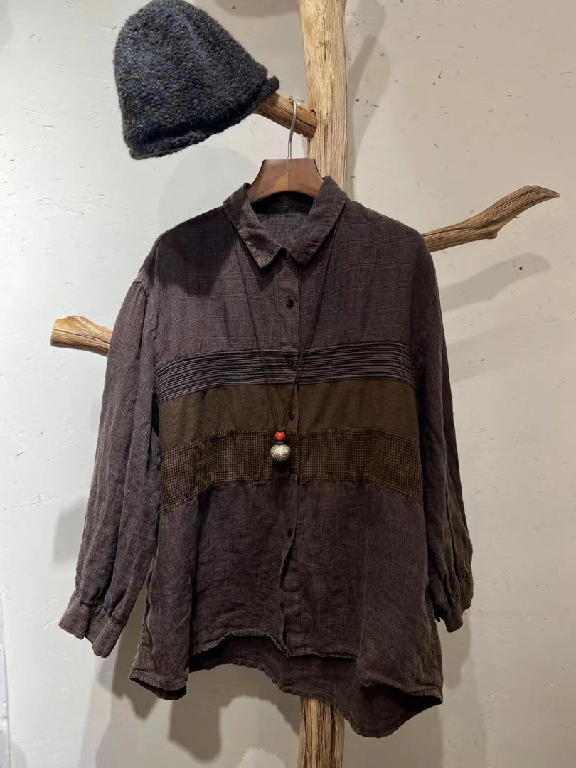 衣路走来原创设计春季薄款亚麻翻领拼接棉单层百搭衬衫 38456