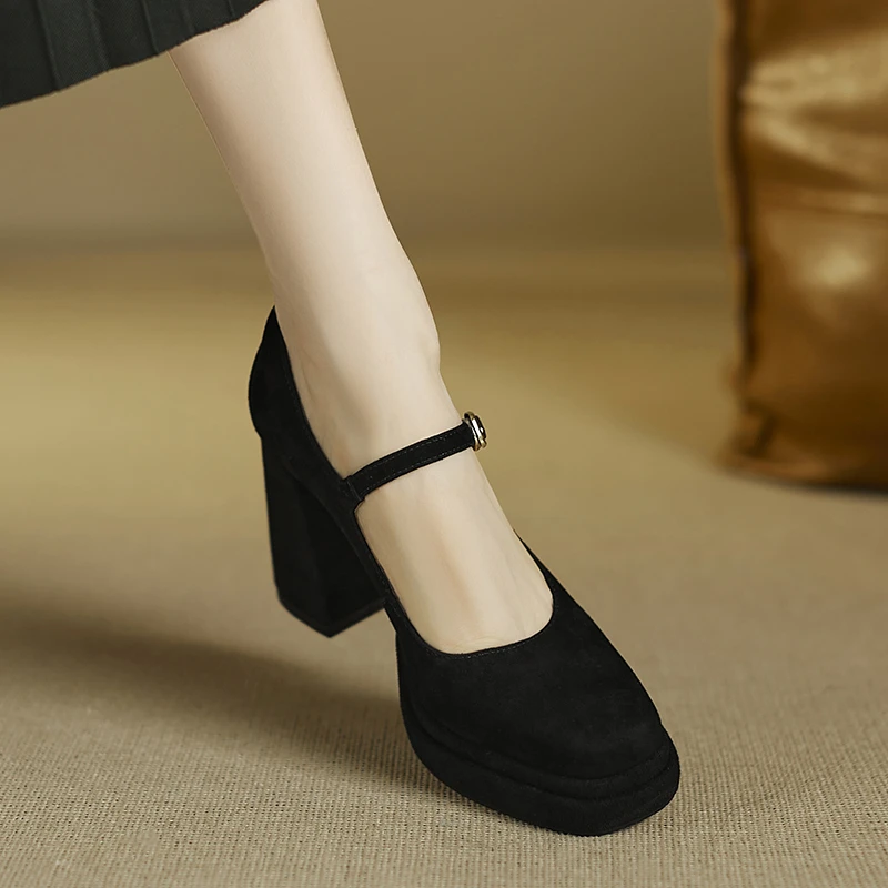 小个子增高9.5cm~新款粗跟高跟鞋一字带浅口单鞋防水台职业小皮鞋