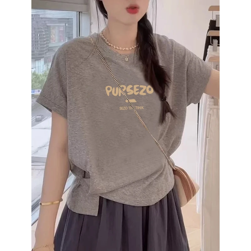 正肩灰色短袖t恤女夏季2025新款显瘦修身辣妹短款别致绝美小上衣
