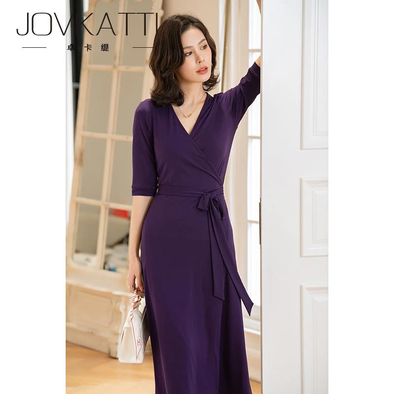 Jovkatti韩版裹身裙气质修身显瘦惊艳紫色V领连衣裙长裙女夏季新