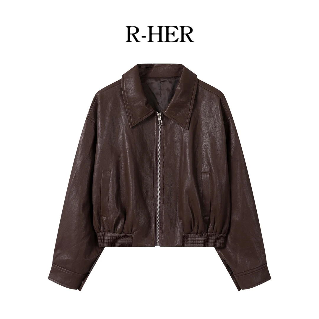 R-HER【冷萃皮衣】2025新款气质翻领拉链夹克时尚百搭洋气外套